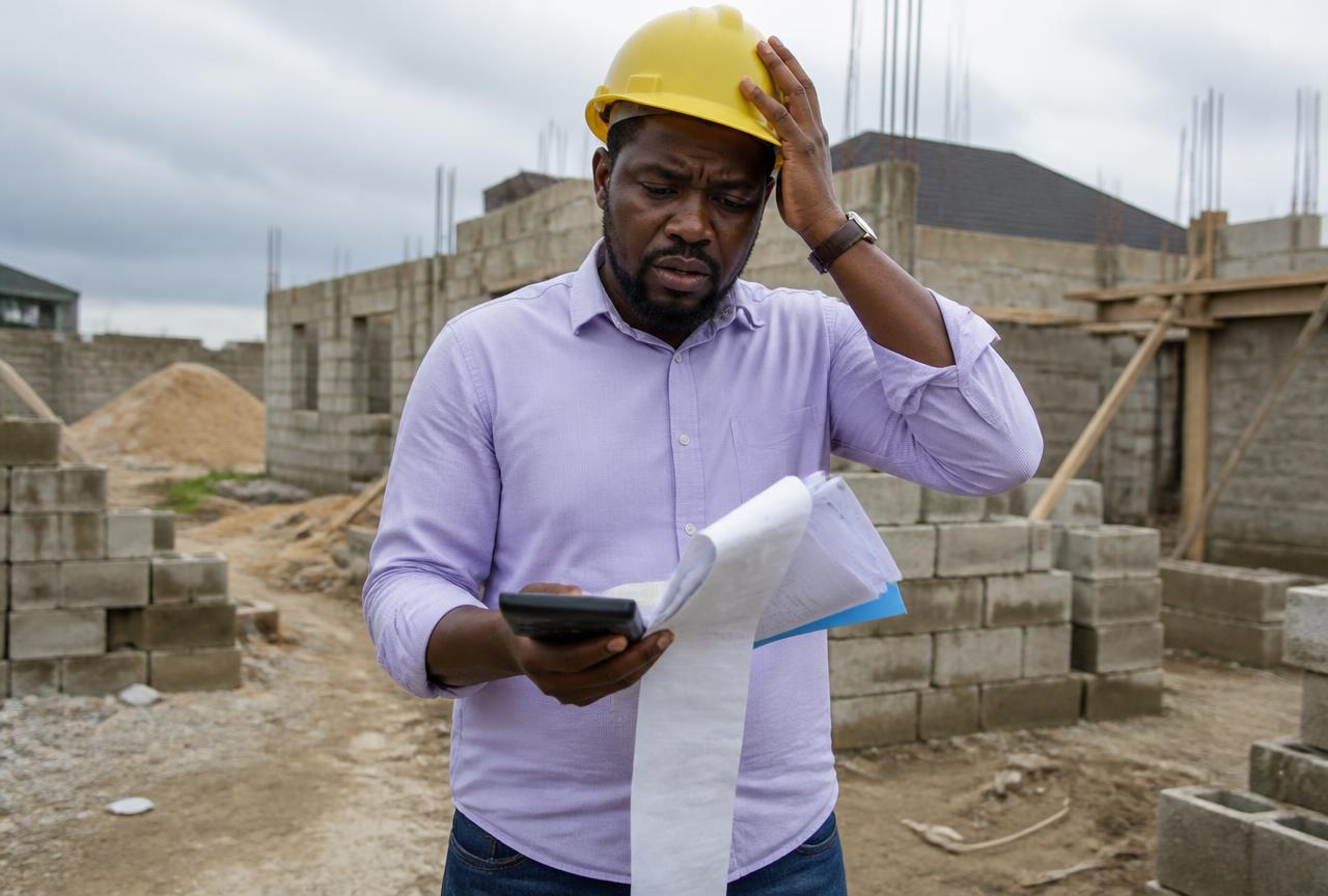 Construtor preocupado a analisar os custos da obra
