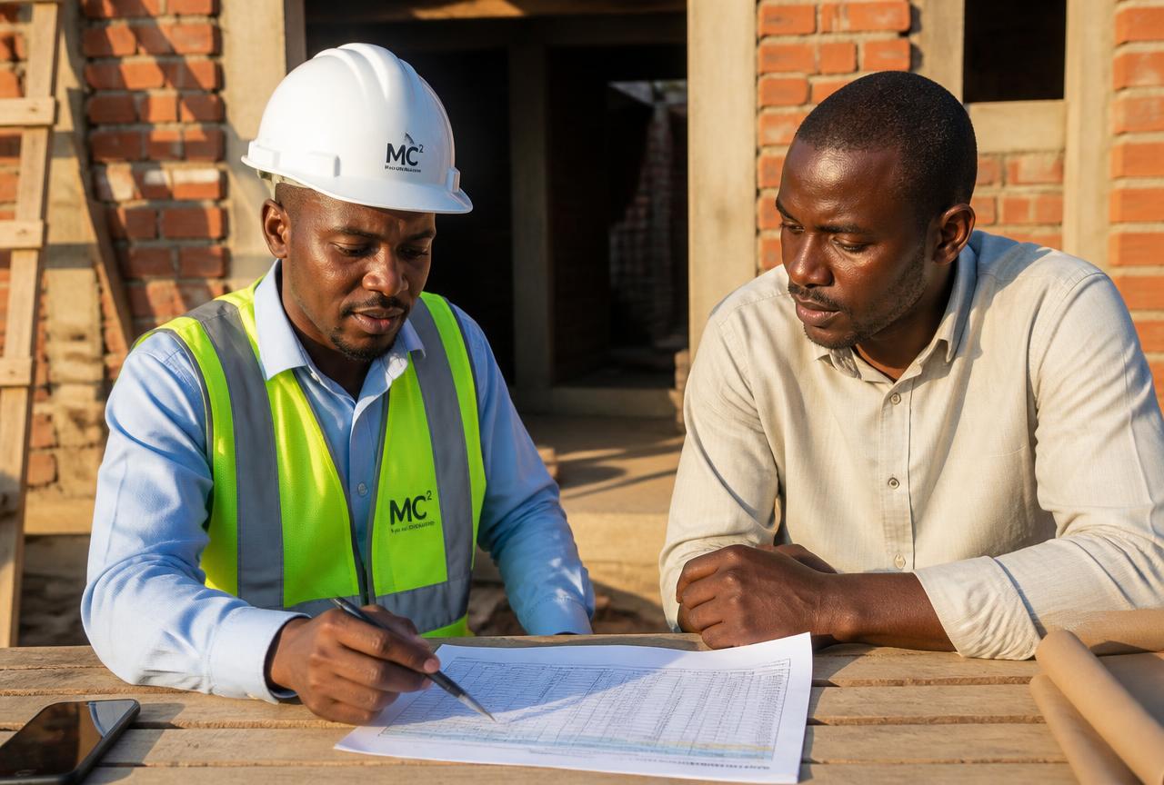 Engenheiro e cliente a analisar o orçamento de uma obra